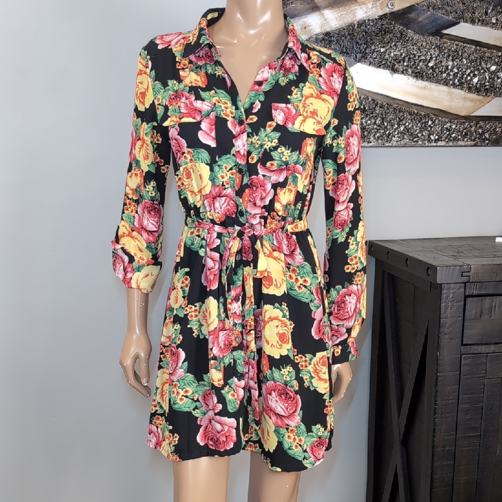 Seductions Sirens Floral Belted Shirt Dress Black Yellow Womens Size Medium - Picture 11 of 13
